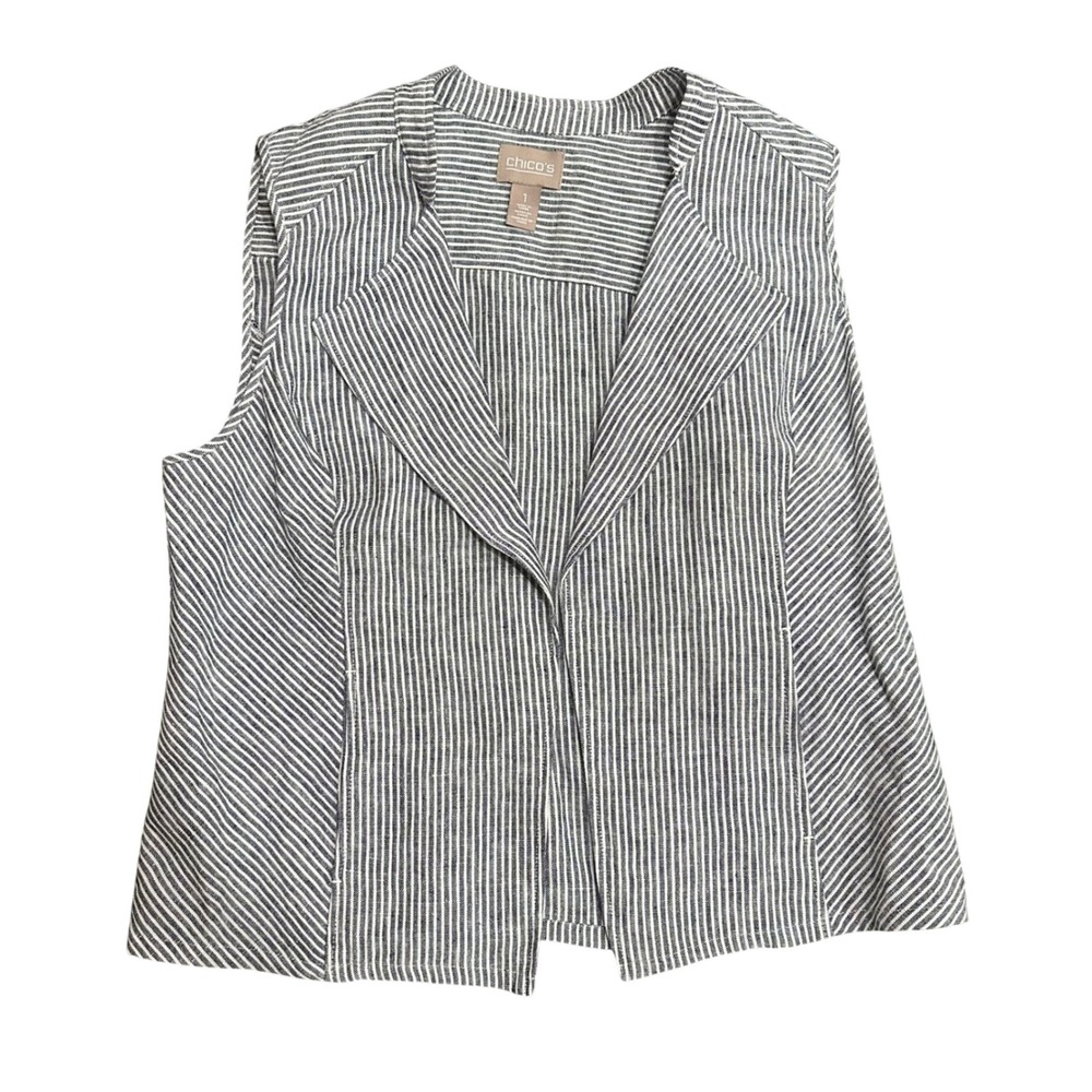 Chicos Womens 1 Linen Vest Navy White Ticking Stripe Open Front Sleeveless M